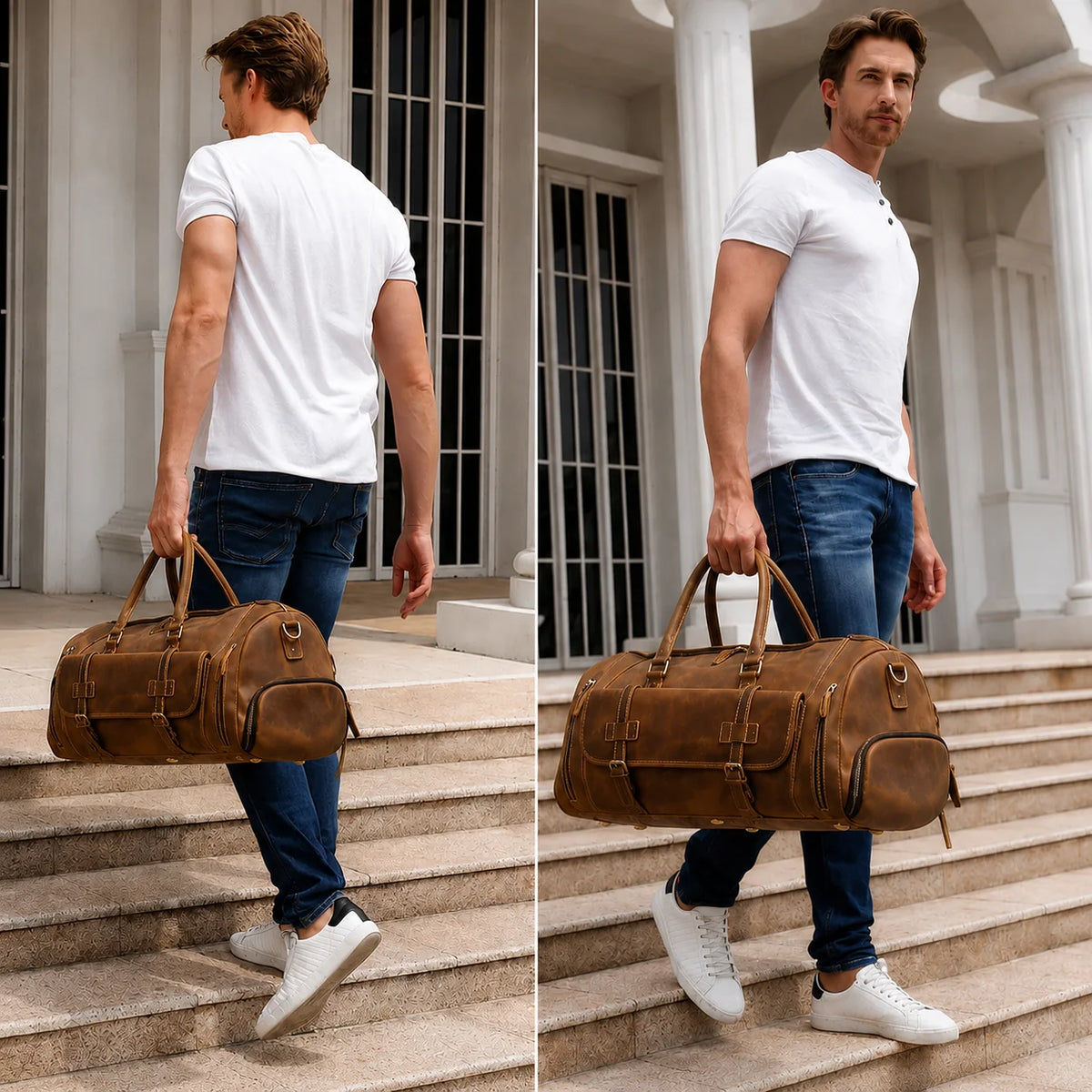 Men’s Leather Duffle Bag - Crazy Horse Shoe Pocket Weekender