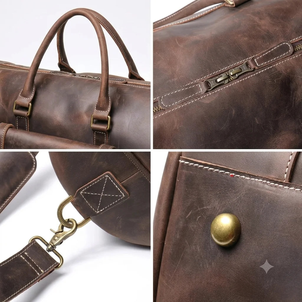 Men’s Leather Duffle Bag - Crazy Horse Shoe Pocket Weekender