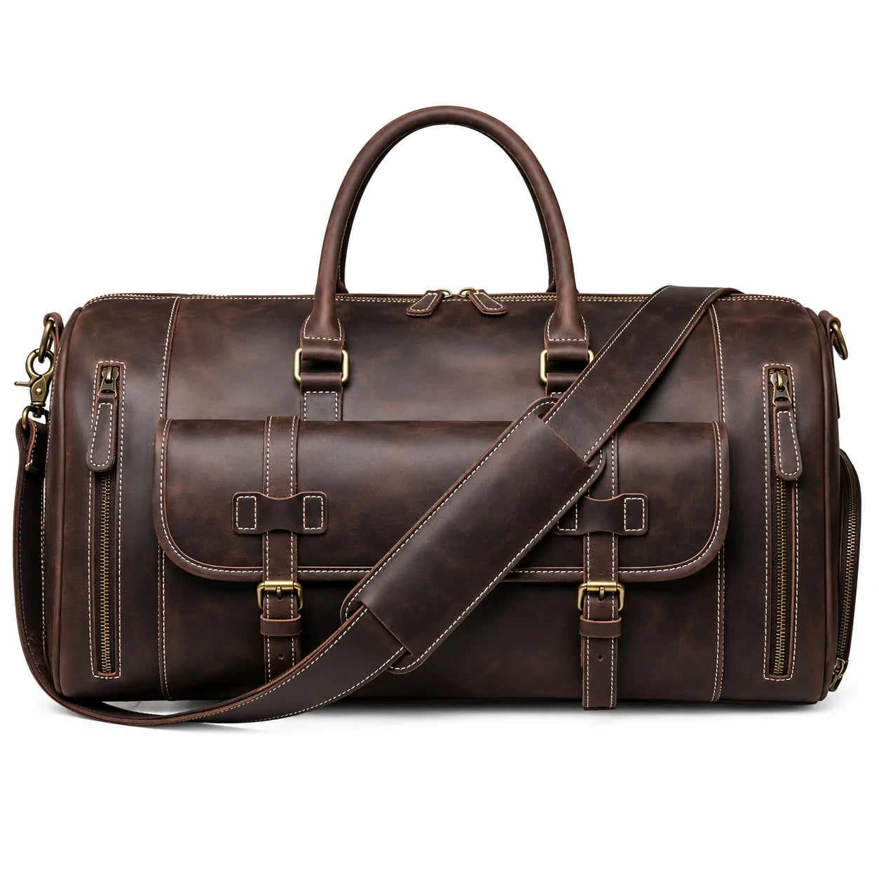 Men’s Leather Duffle Bag - Crazy Horse Shoe Pocket Weekender - Coffee