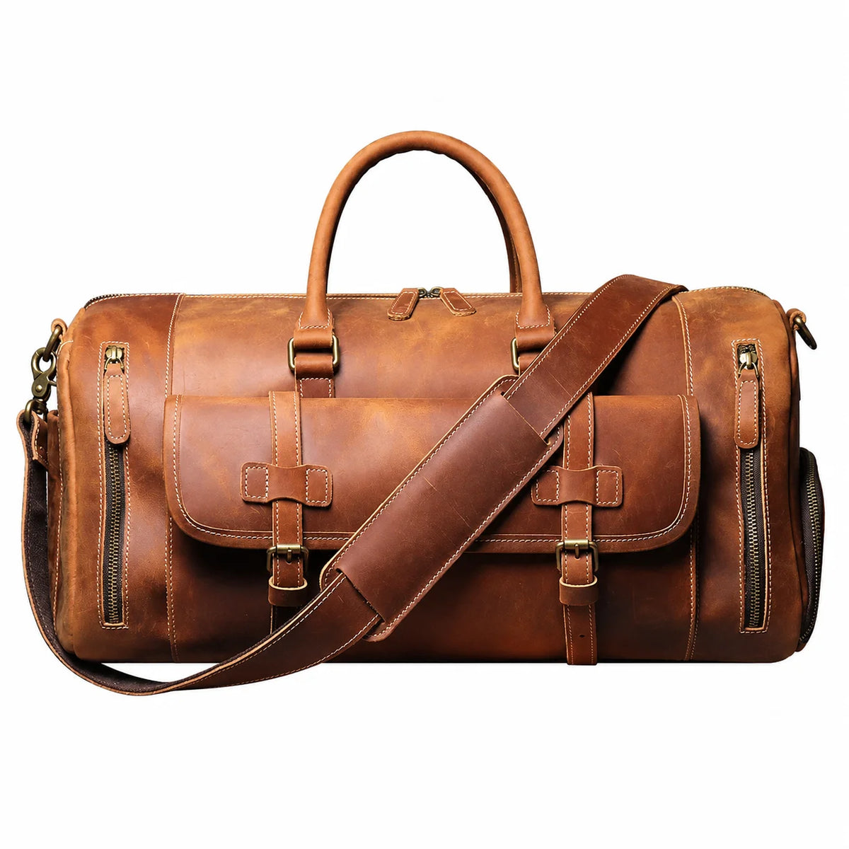 Men’s Leather Duffle Bag - Crazy Horse Shoe Pocket Weekender - Light brown