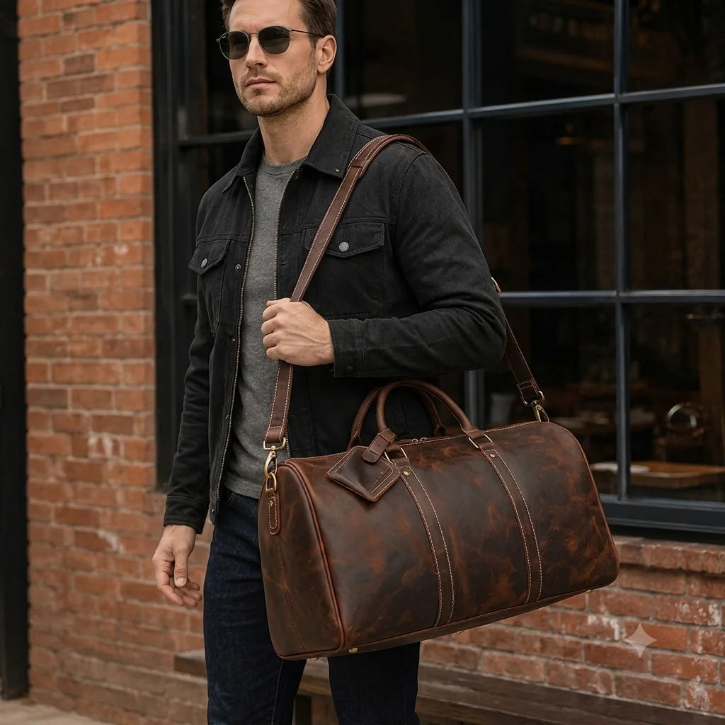 Men’s Leather Duffle Bag - Detachable Shoulder Strap