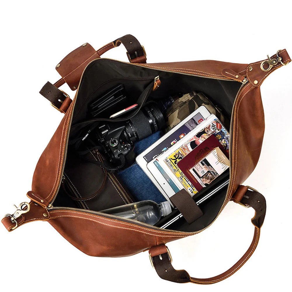 Men’s Leather Duffle Bag - Diagonal Zip Weekender