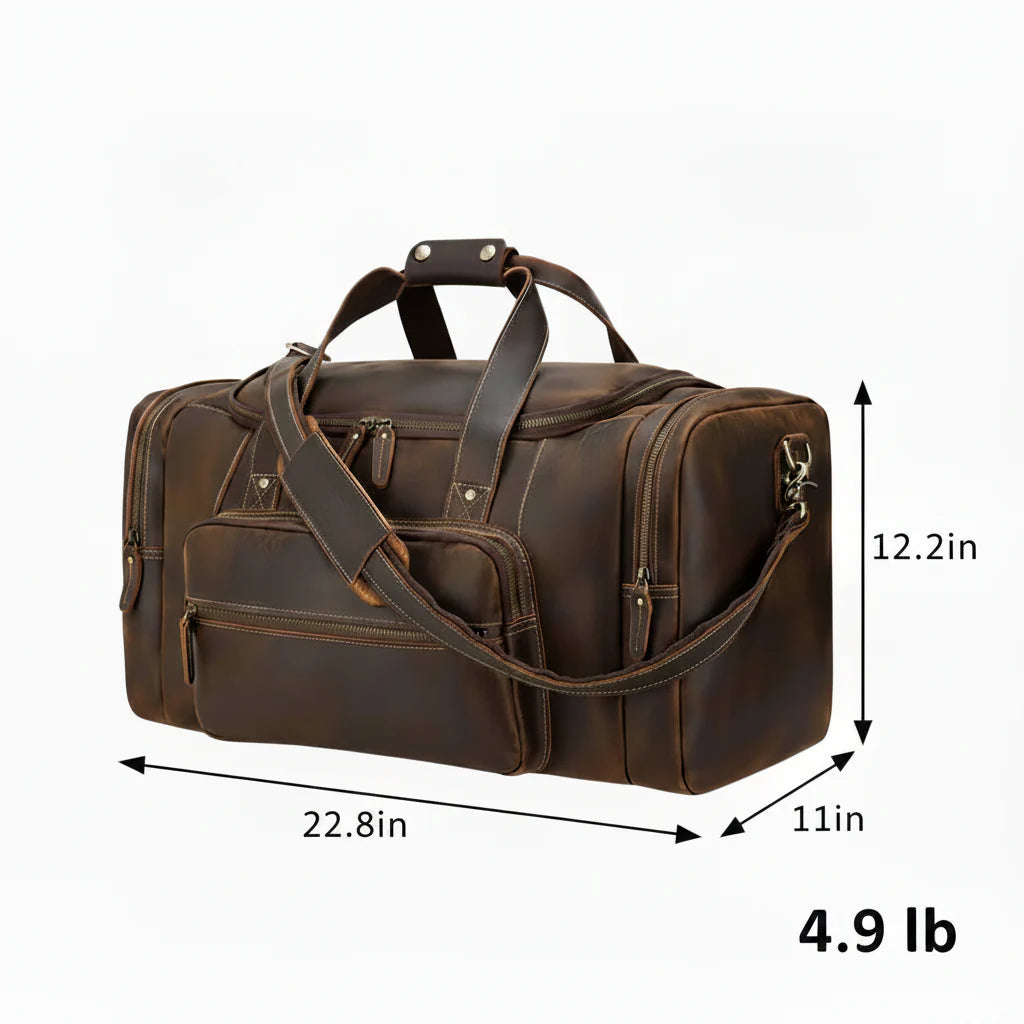 Men’s Leather Duffle Bag - Extra Large 50L Weekender - Coffee