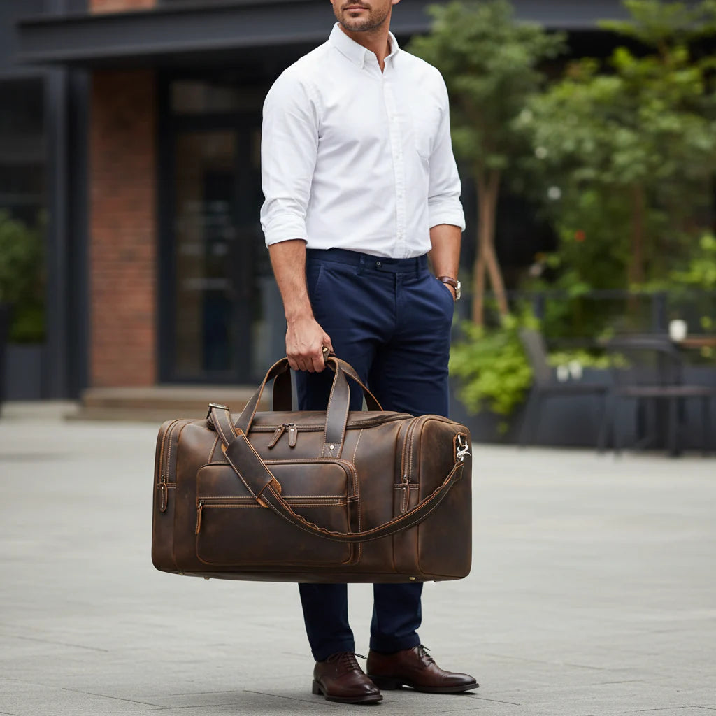 Men’s Leather Duffle Bag - Extra Large 50L Weekender - Coffee