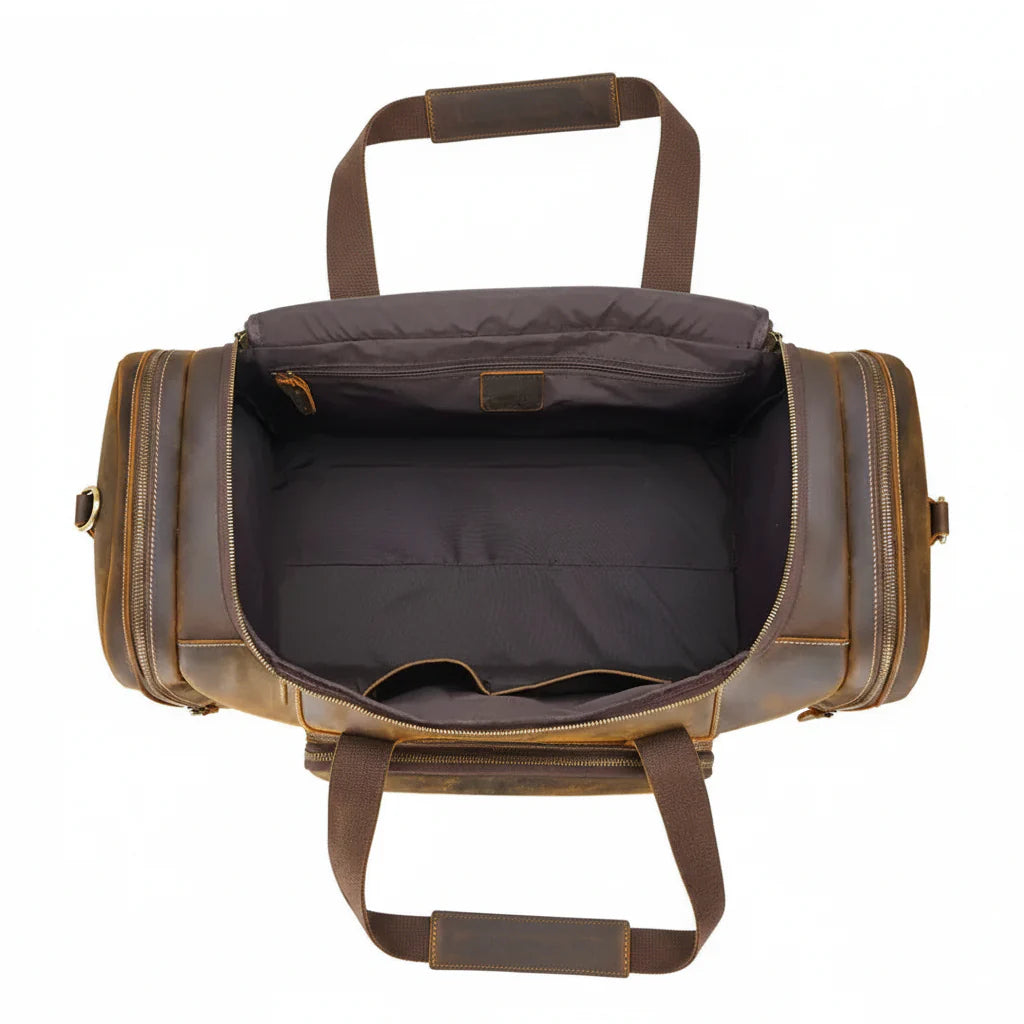 Men’s Leather Duffle Bag - Extra Large 50L Weekender - Coffee