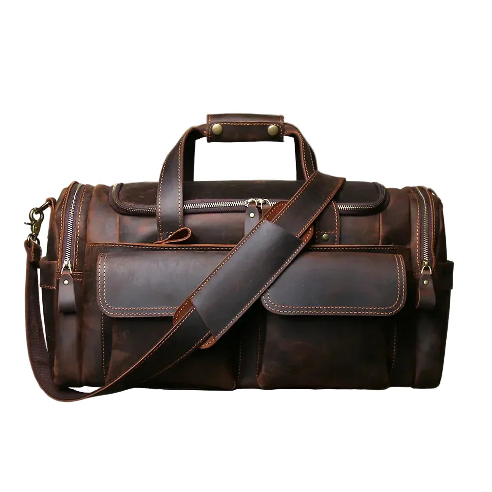 Men’s Leather Duffle Bag - Laptop Compartment Weekender - Dark brown
