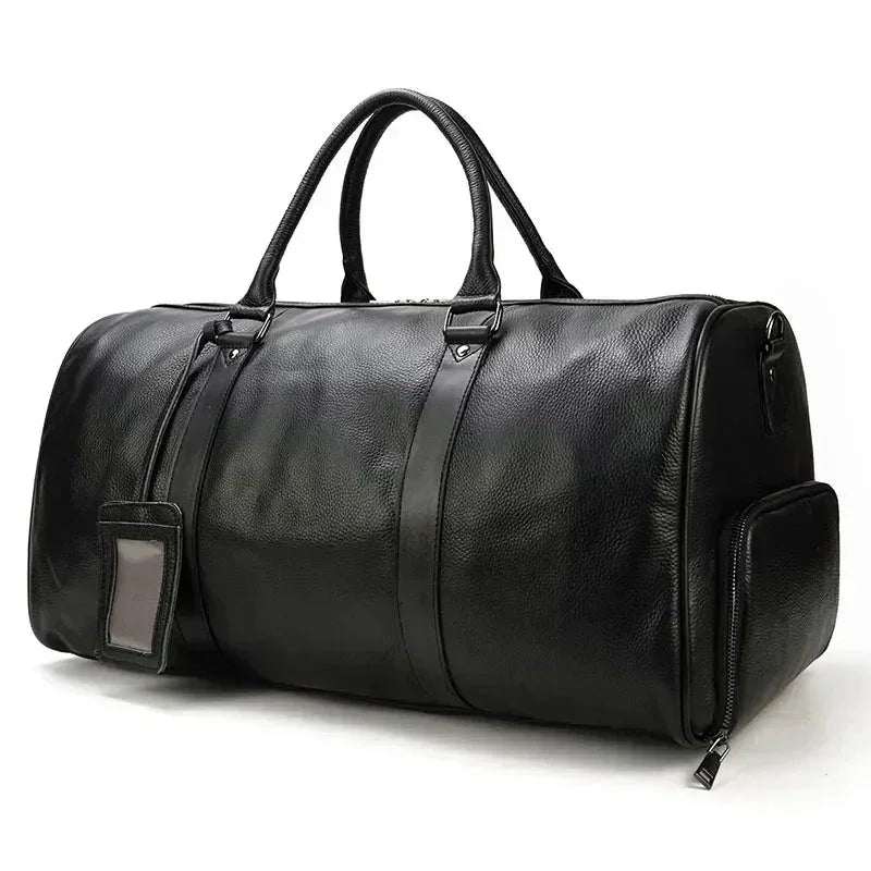 Men’s Leather Duffle Bag – Large Capacity with Shoe Compartment - Black