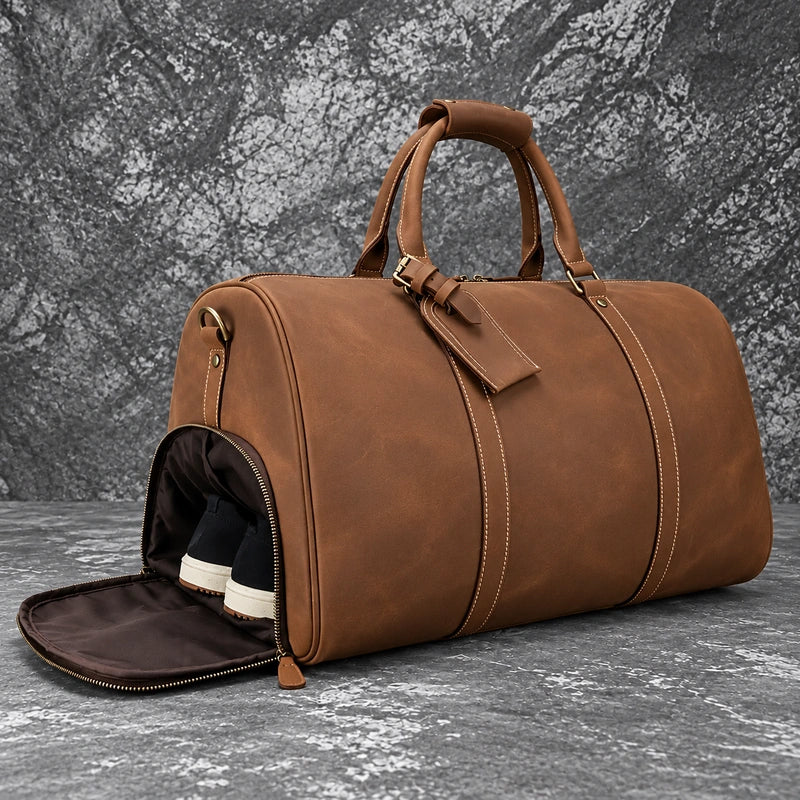Men’s Leather Duffle Bag – Large Capacity with Shoe Compartment - Brown