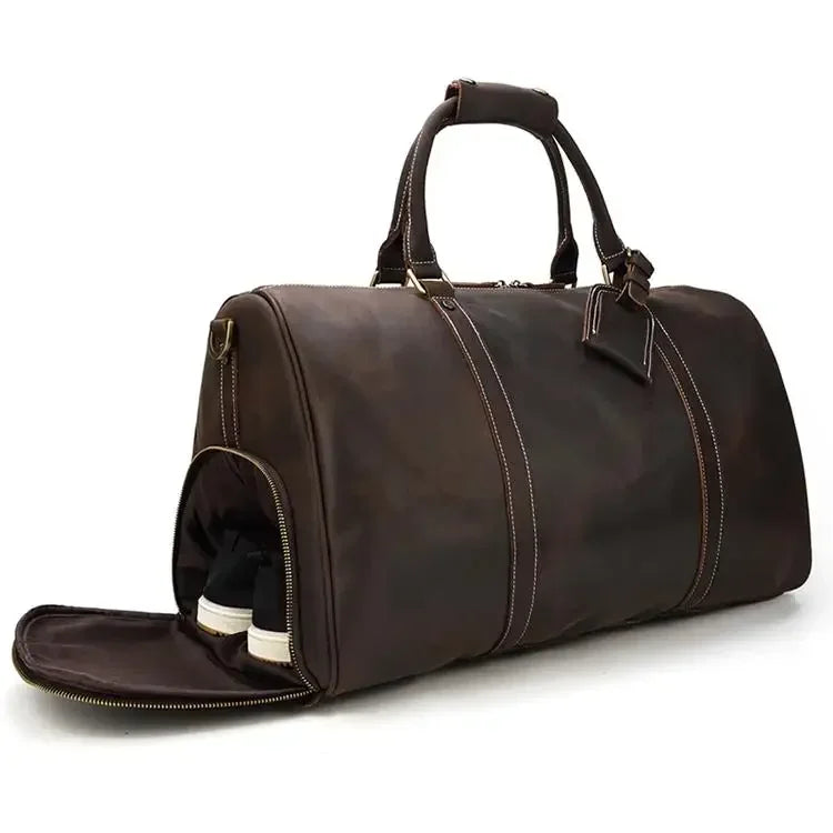 Men’s Leather Duffle Bag – Large Capacity with Shoe Compartment - Dark brown