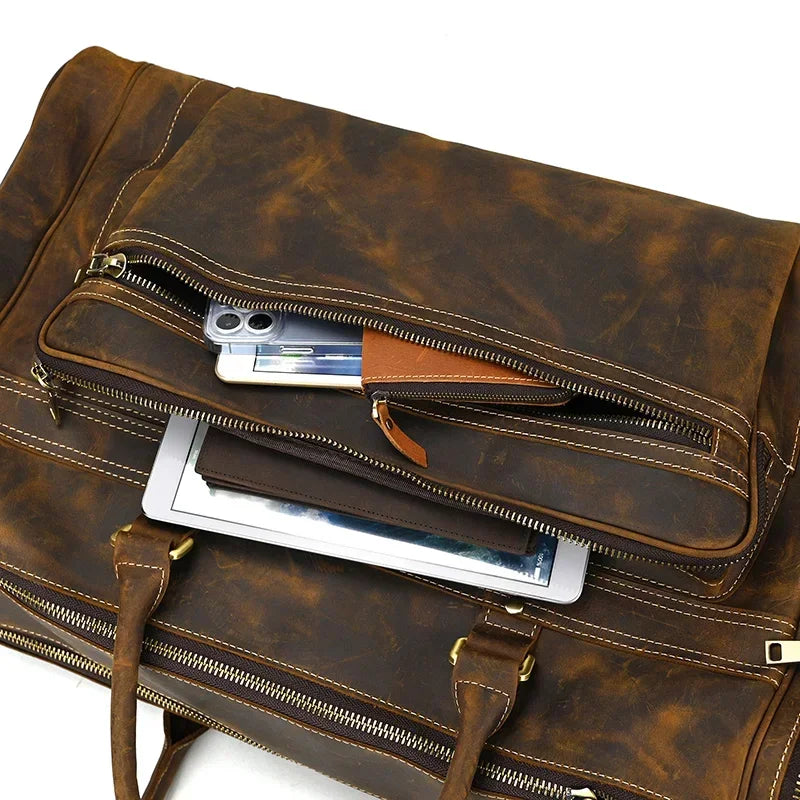 Men’s Leather Duffle Bag - Multi-Pocket Travel Organizer