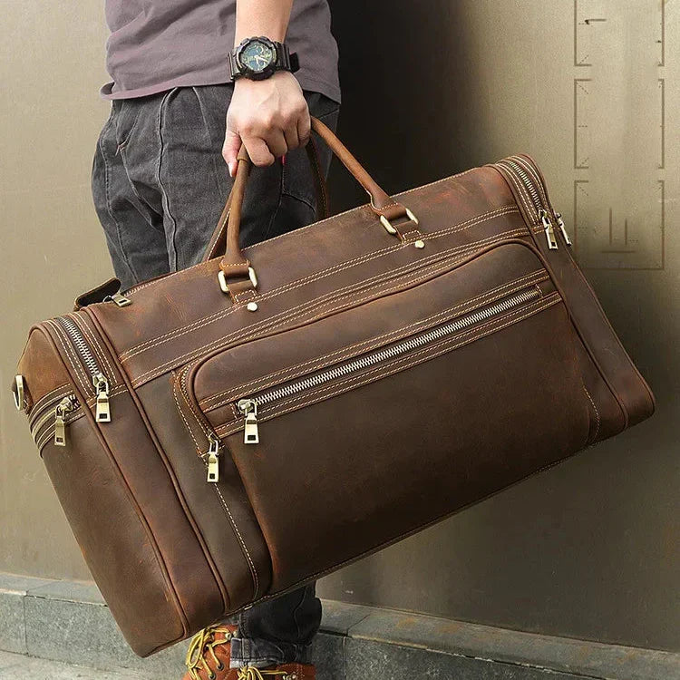 Men’s Leather Duffle Bag - Multi-Pocket Travel Organizer