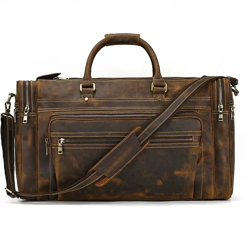 Men’s Leather Duffle Bag - Multi-Pocket Travel Organizer - Brown