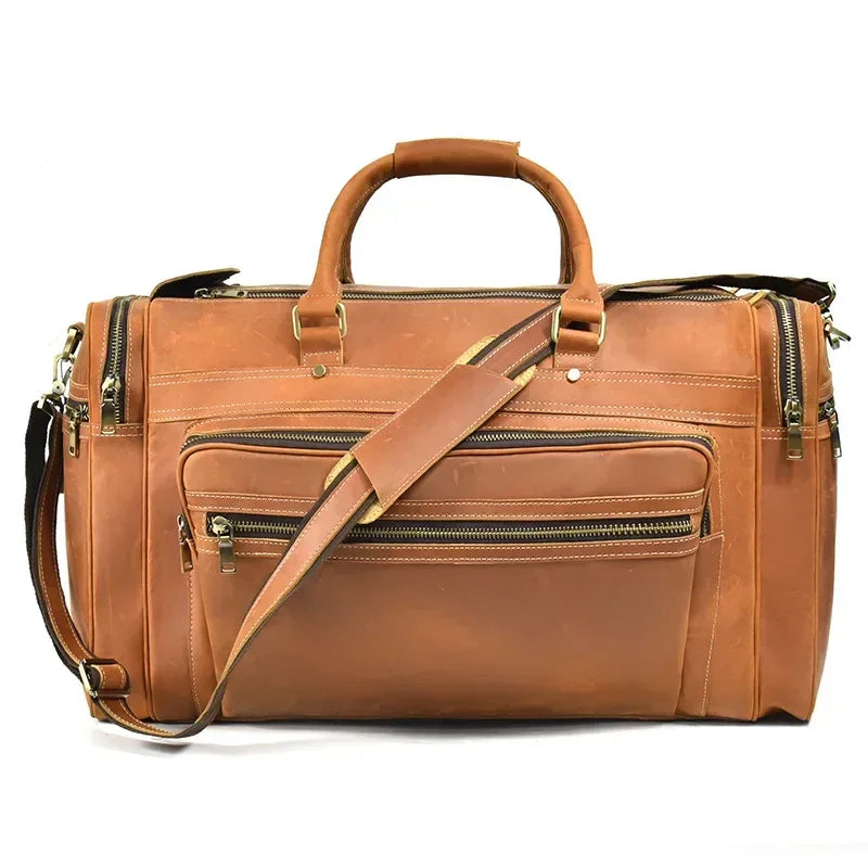Men’s Leather Duffle Bag - Multi-Pocket Travel Organizer - Light brown