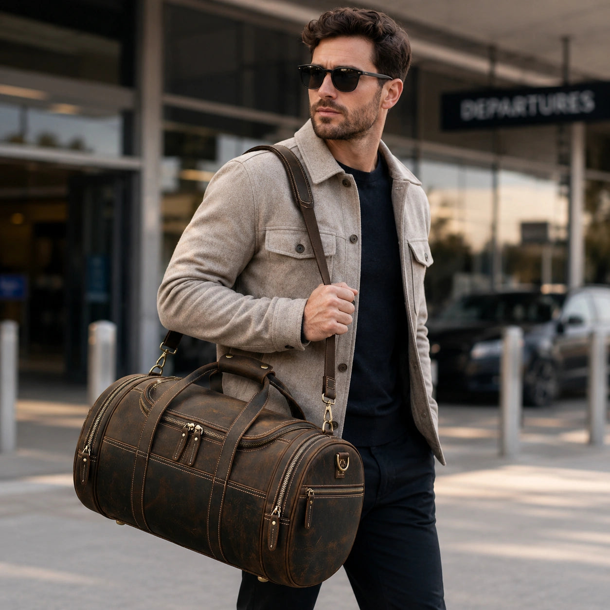 Men’s Leather Duffle Bag - Round Barrel Design