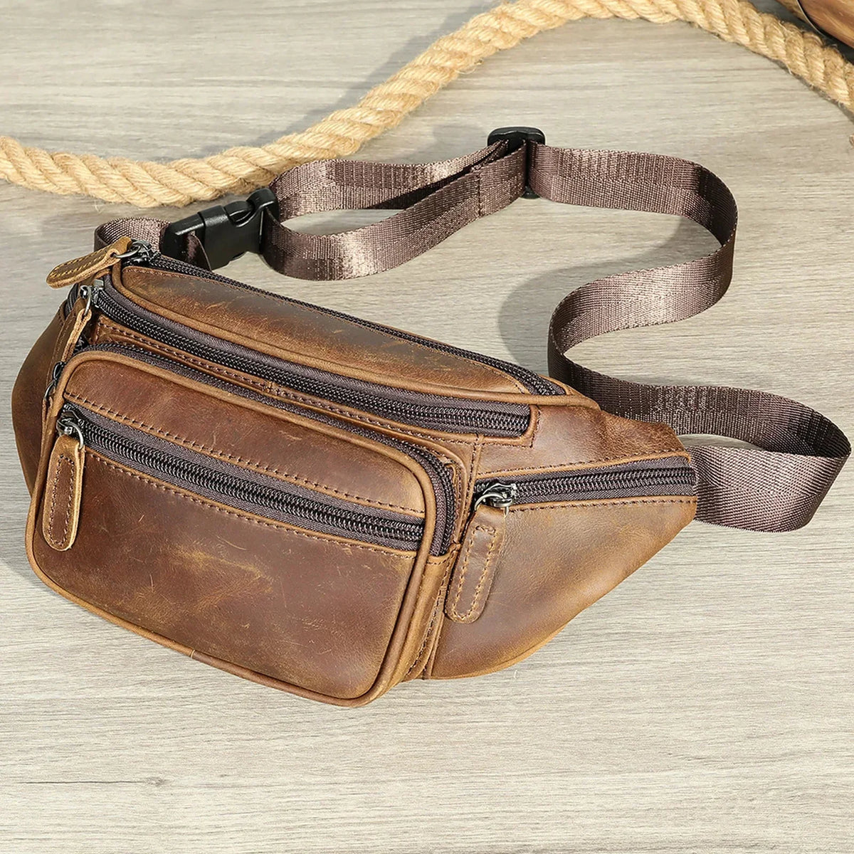 Men’s Leather Fanny Pack - Crazy Horse Waist Bag with Zip Pockets - Dark Brown