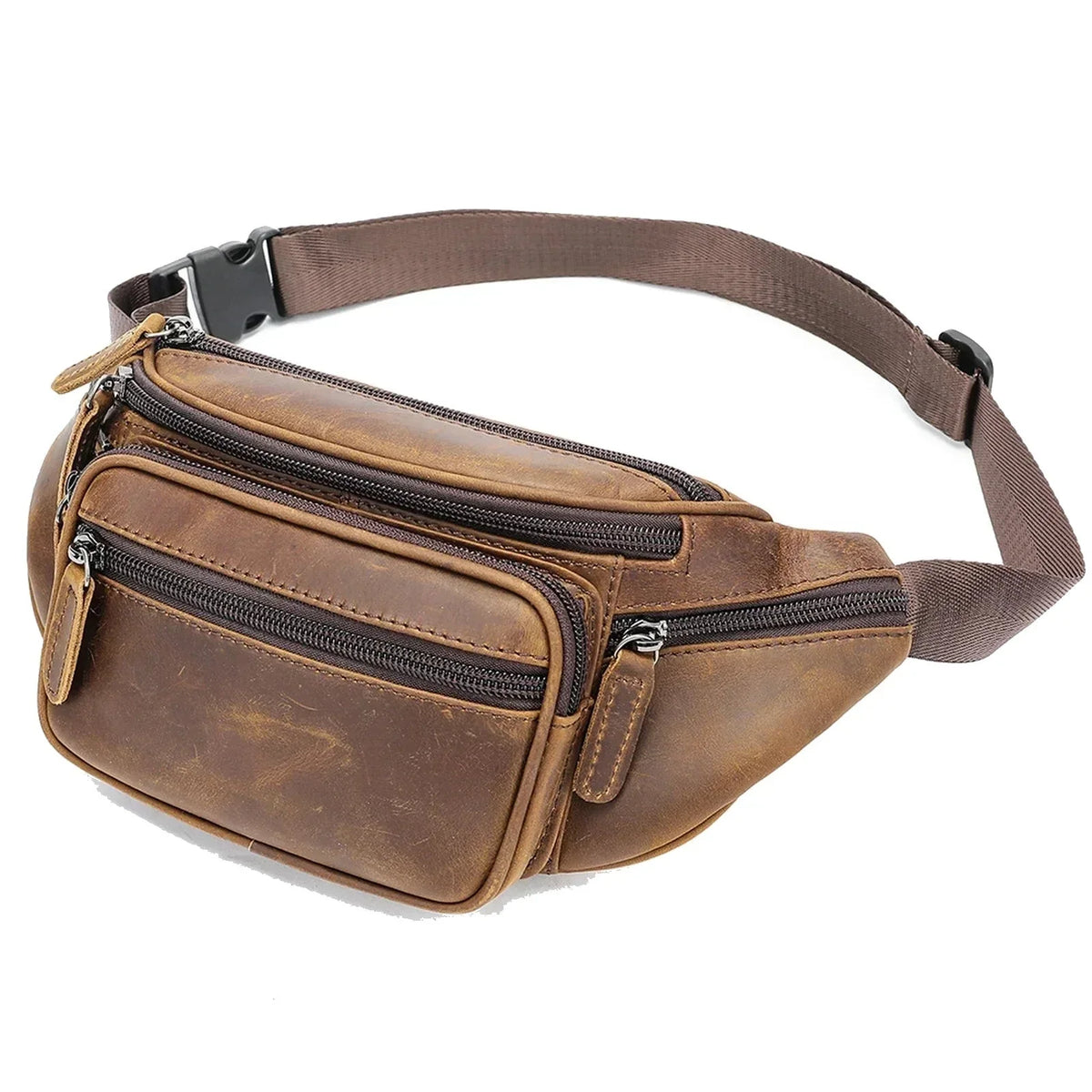 Men’s Leather Fanny Pack - Crazy Horse Waist Bag with Zip Pockets - Dark Brown