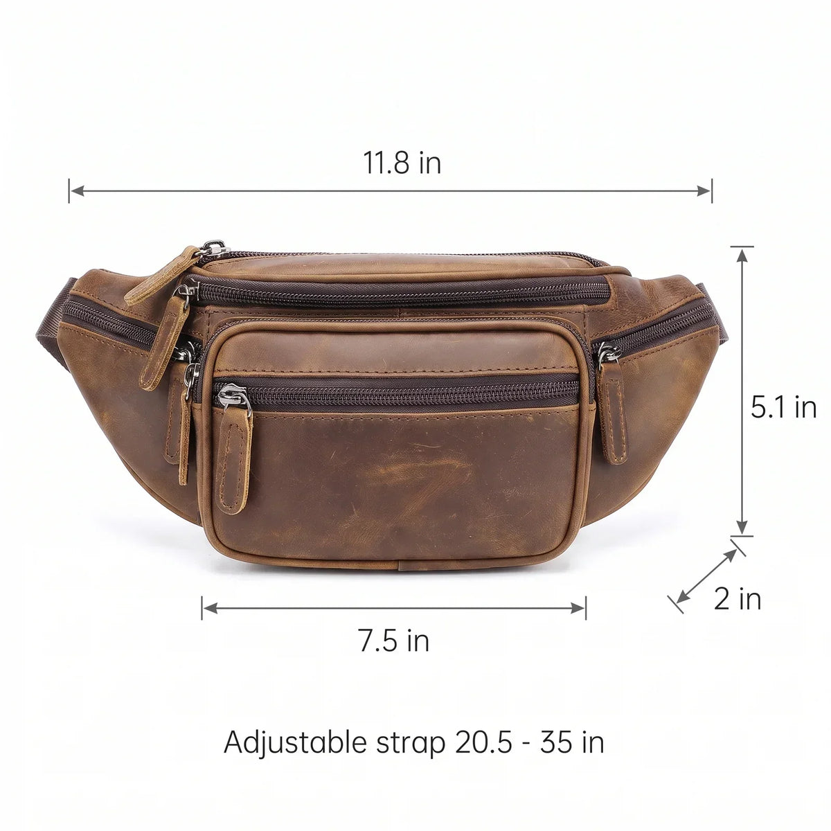 Men’s Leather Fanny Pack - Crazy Horse Waist Bag with Zip Pockets - Dark Brown