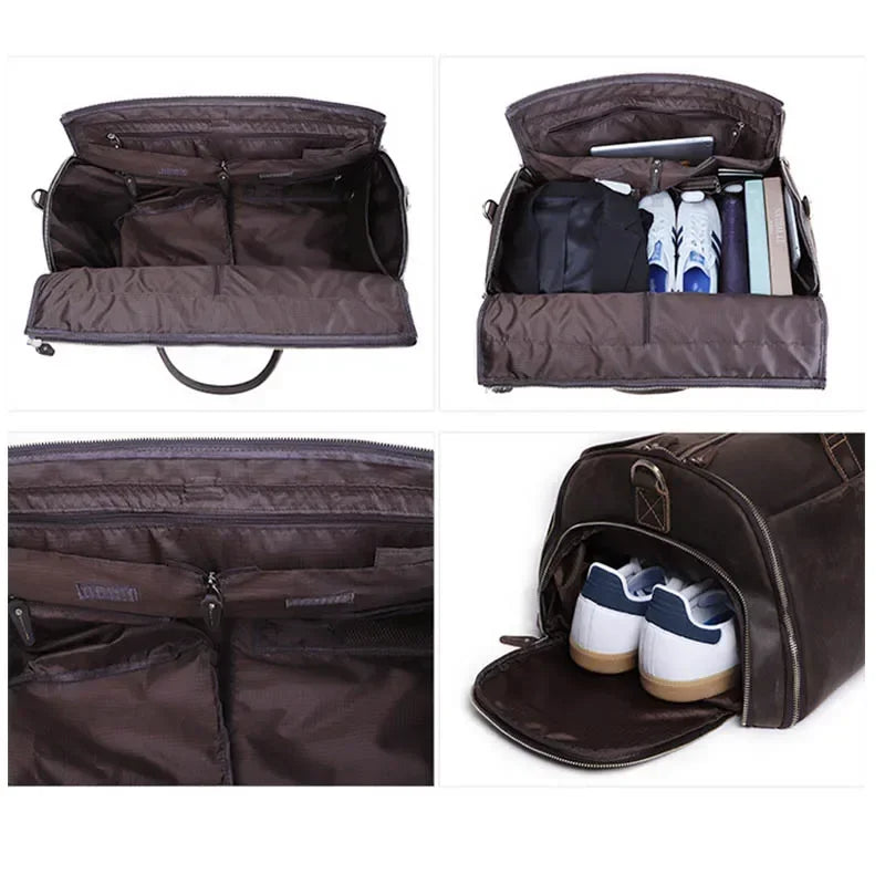 Men’s Leather Garment Duffle Bag – Full-Open Suit & Shoe Travel Bag