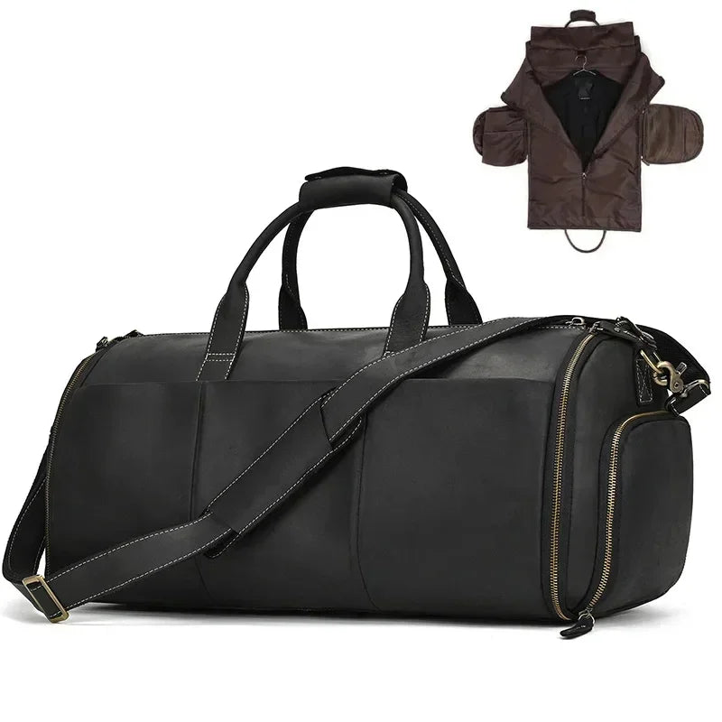 Men’s Leather Garment Duffle Bag – Full-Open Suit & Shoe Travel Bag - Black