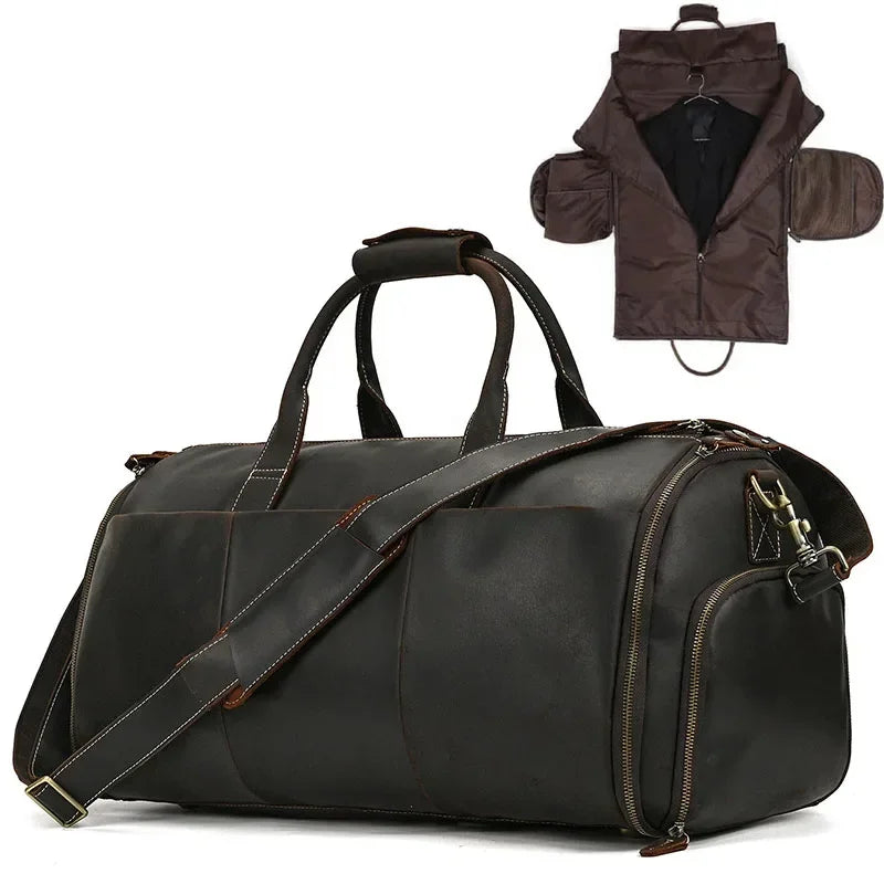 Men’s Leather Garment Duffle Bag – Full-Open Suit & Shoe Travel Bag - Dark brown