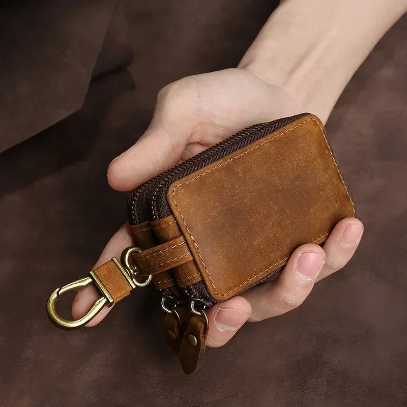 Men’s Leather Key Holder - Double Zip Pouch with Belt Clip