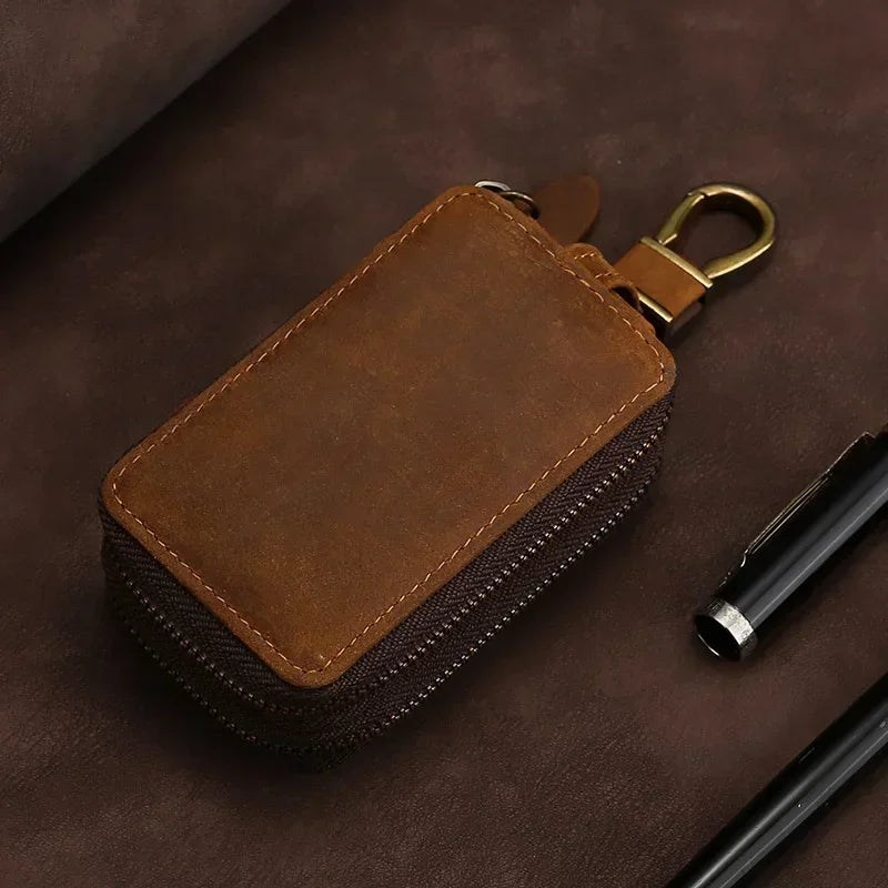 Men’s Leather Key Holder - Double Zip Pouch with Belt Clip