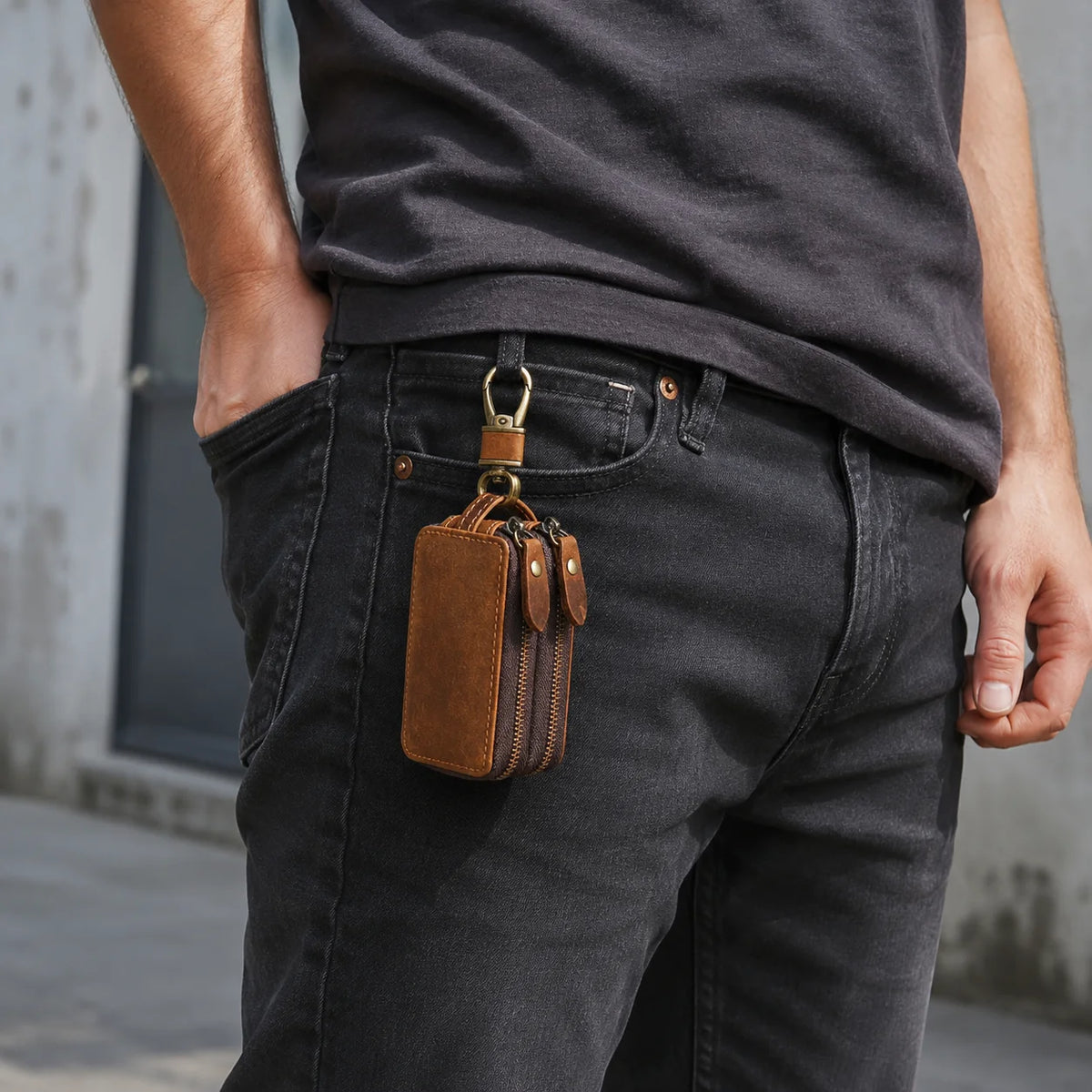 Men’s Leather Key Holder - Double Zip Pouch with Belt Clip