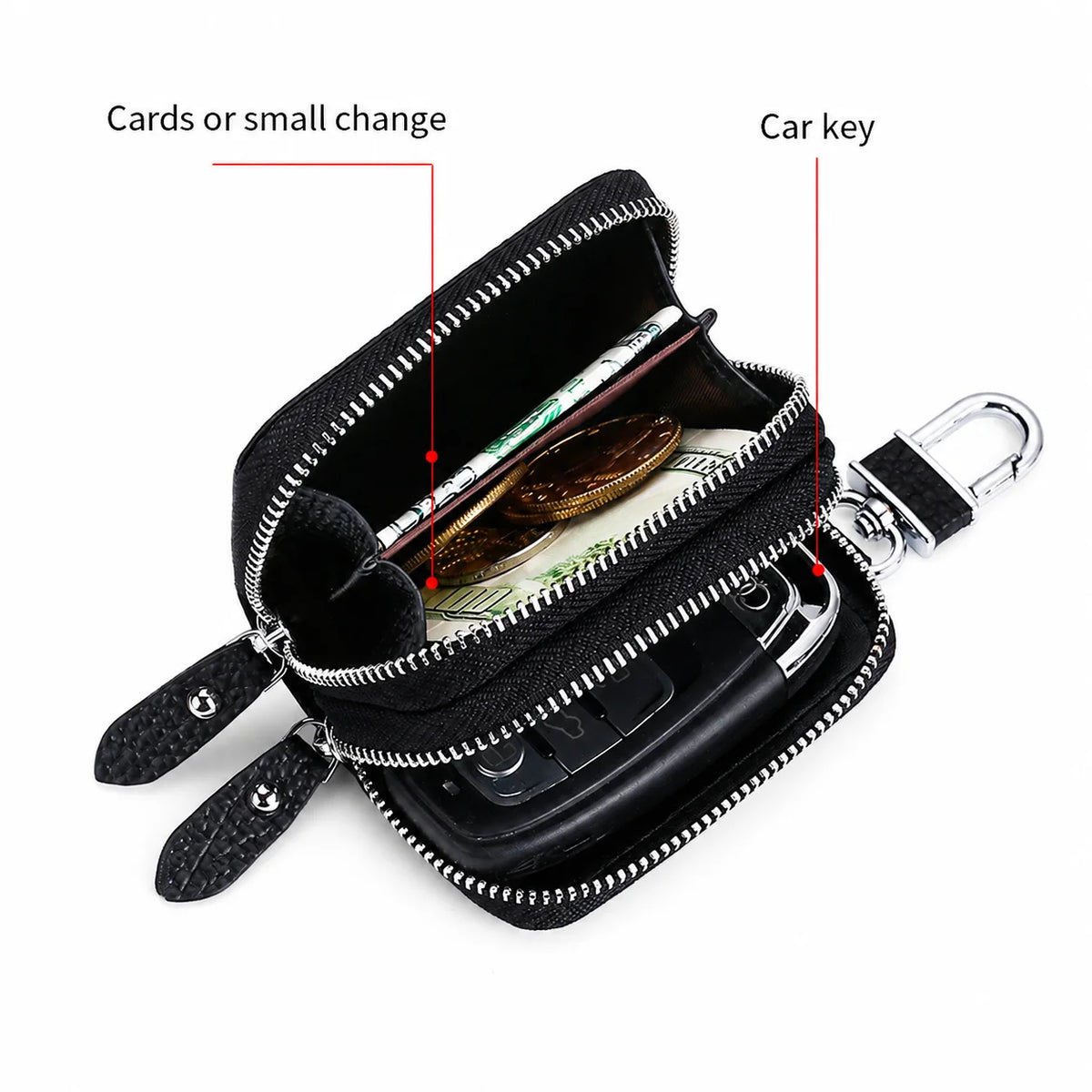 Men’s Leather Key Holder - Double Zip Pouch with Belt Clip