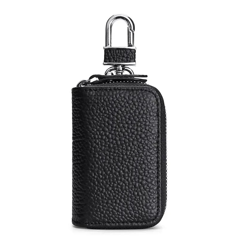 Men’s Leather Key Holder - Double Zip Pouch with Belt Clip - Black
