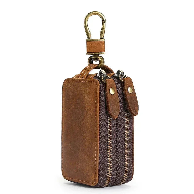 Men’s Leather Key Holder - Double Zip Pouch with Belt Clip - Dark Brown