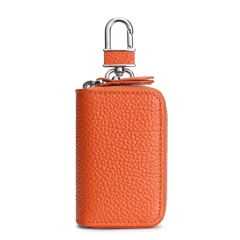 Men’s Leather Key Holder - Double Zip Pouch with Belt Clip - Orange