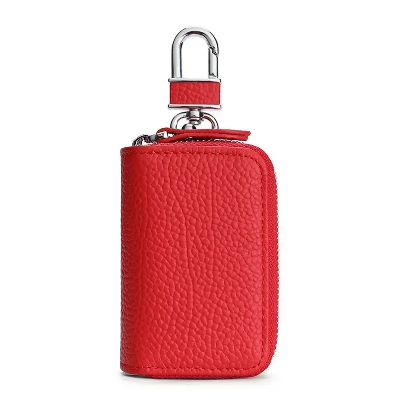 Men’s Leather Key Holder - Double Zip Pouch with Belt Clip - Red