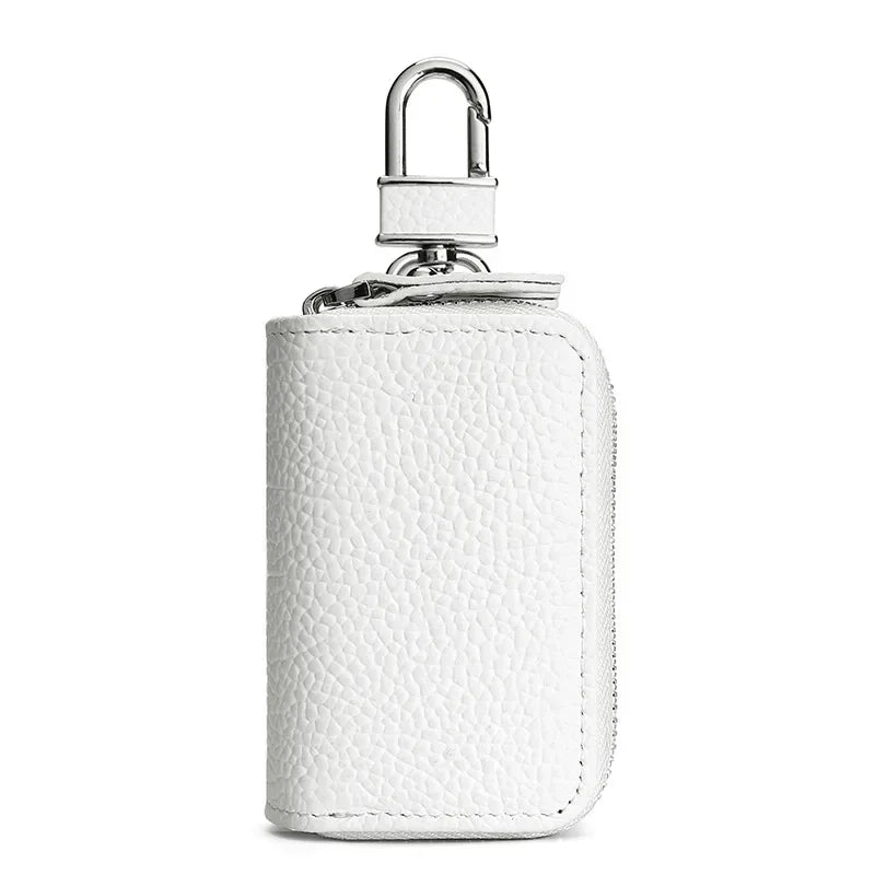 Men’s Leather Key Holder - Double Zip Pouch with Belt Clip - White