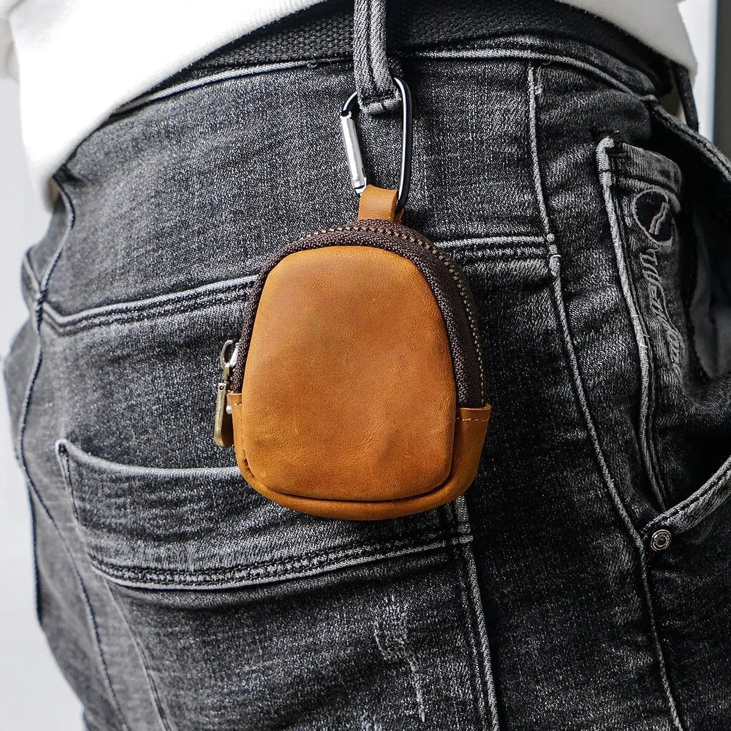 Men’s Leather Key Holder - Zip Coin Pouch with Carabiner