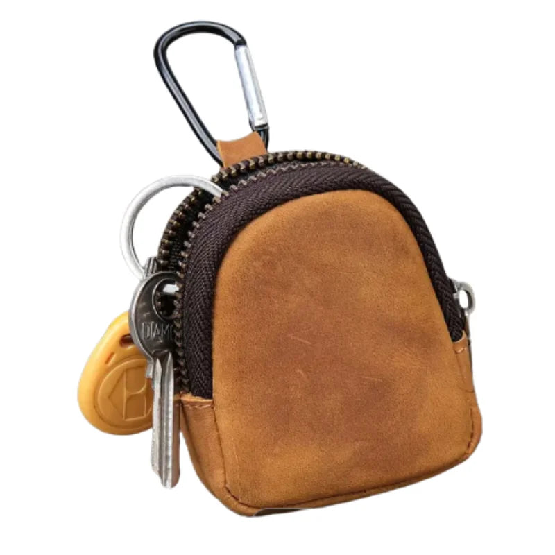 Men’s Leather Key Holder - Zip Coin Pouch with Carabiner