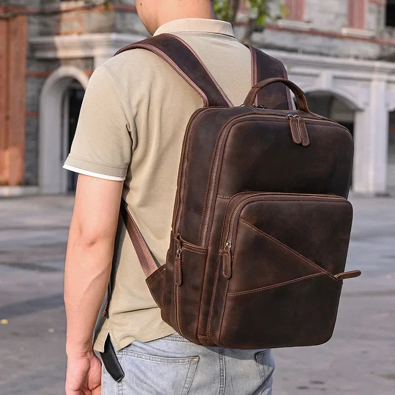 Men’s Leather Laptop Backpack – Large Capacity Work & Travel Bag