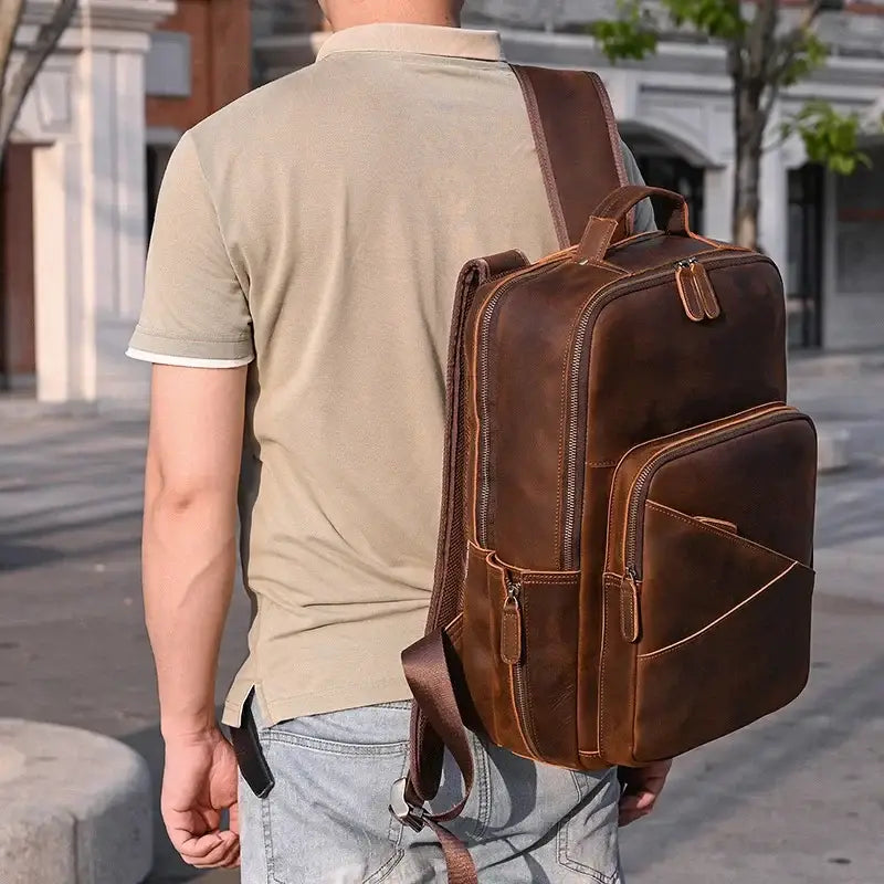 Men’s Leather Laptop Backpack – Large Capacity Work & Travel Bag