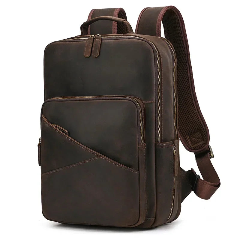 Men’s Leather Laptop Backpack – Large Capacity Work & Travel Bag - Dark brown