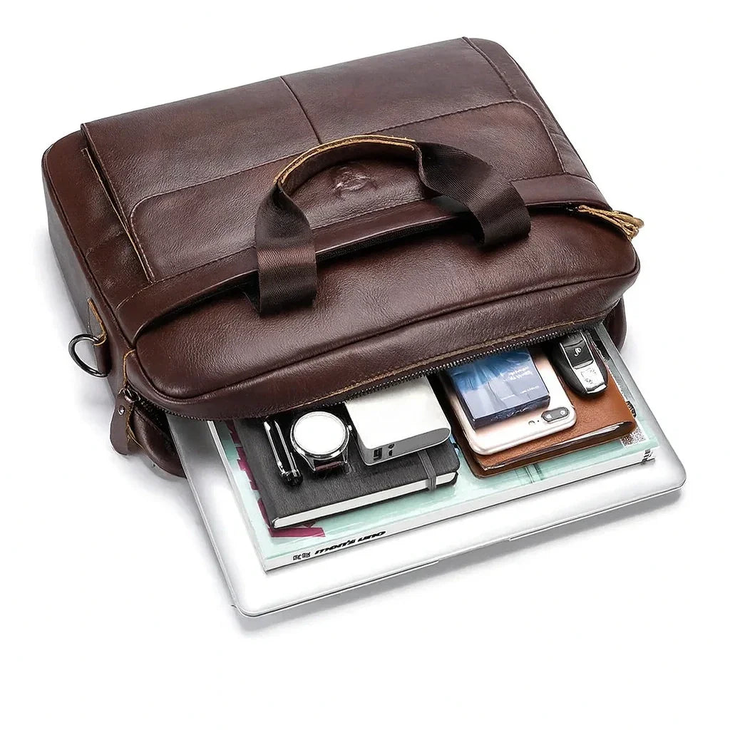 Men’s Leather Laptop Briefcase – 14 Inch Slim Business Bag with Flap Pocket