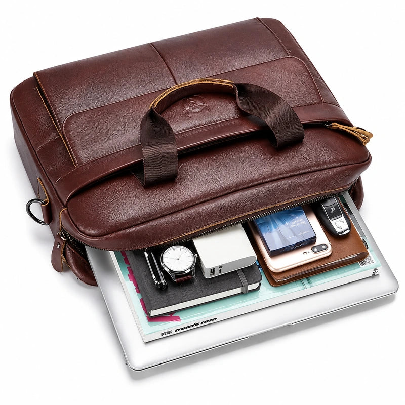 Men’s Leather Laptop Briefcase – 14 Inch Slim Business Bag with Flap Pocket