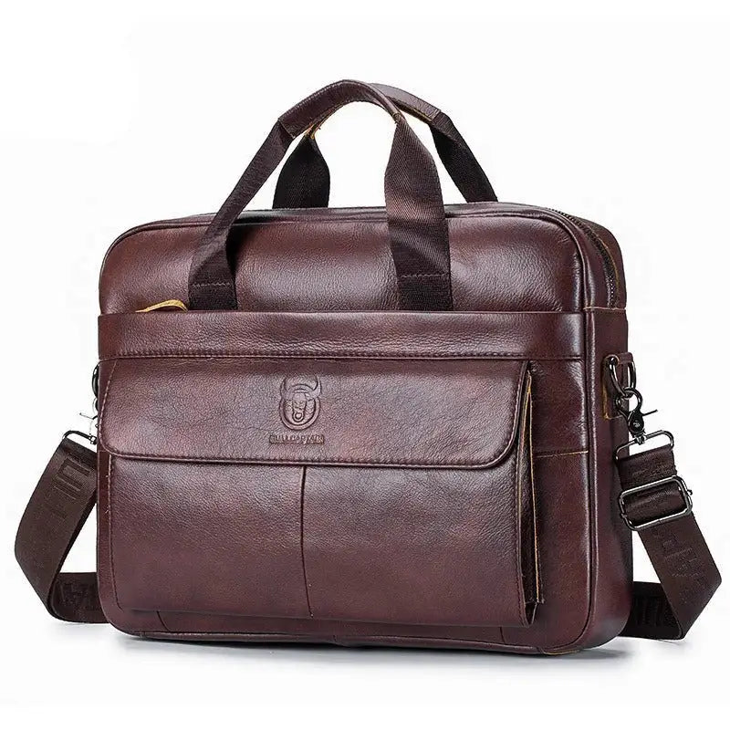 Men’s Leather Laptop Briefcase – 14 Inch Slim Business Bag with Flap Pocket - Dark brown