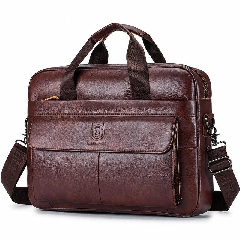 Men’s Leather Laptop Briefcase – 14 Inch Slim Business Bag with Flap Pocket - Dark brown