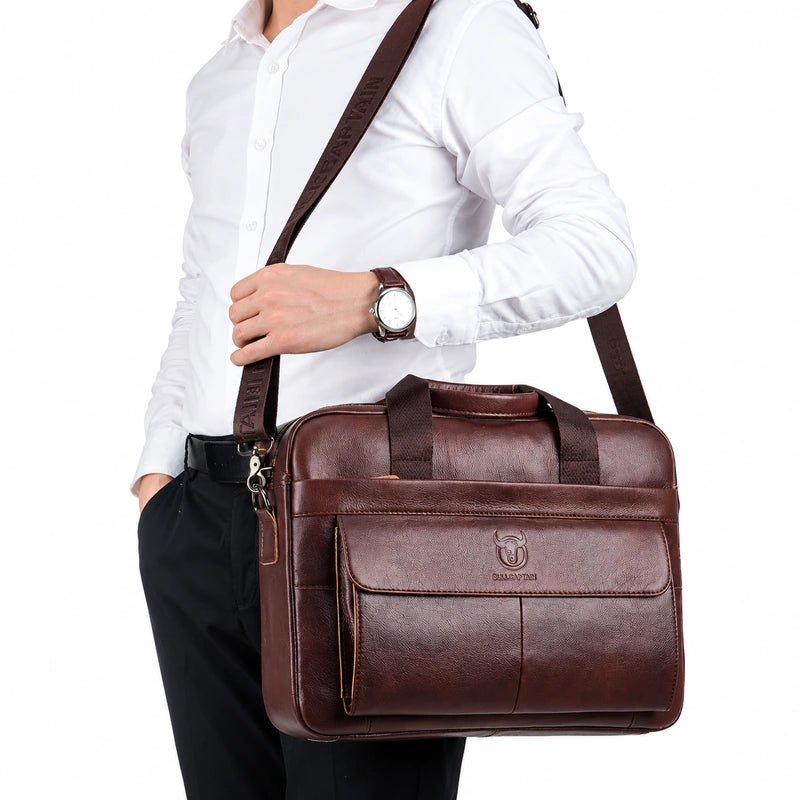 Men’s Leather Laptop Briefcase – 14 Inch Slim Business Bag with Flap Pocket