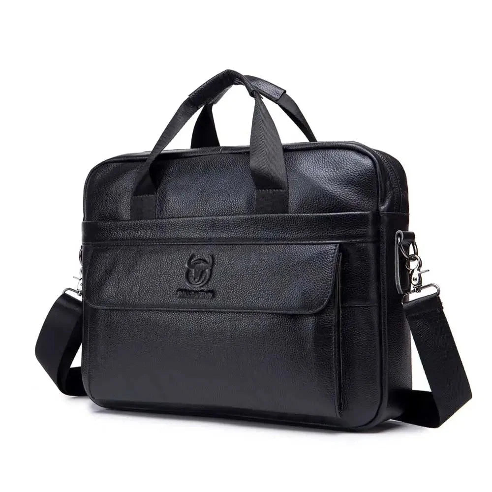 Men’s Leather Laptop Briefcase – 14 Inch Slim Business Bag with Flap Pocket - Black