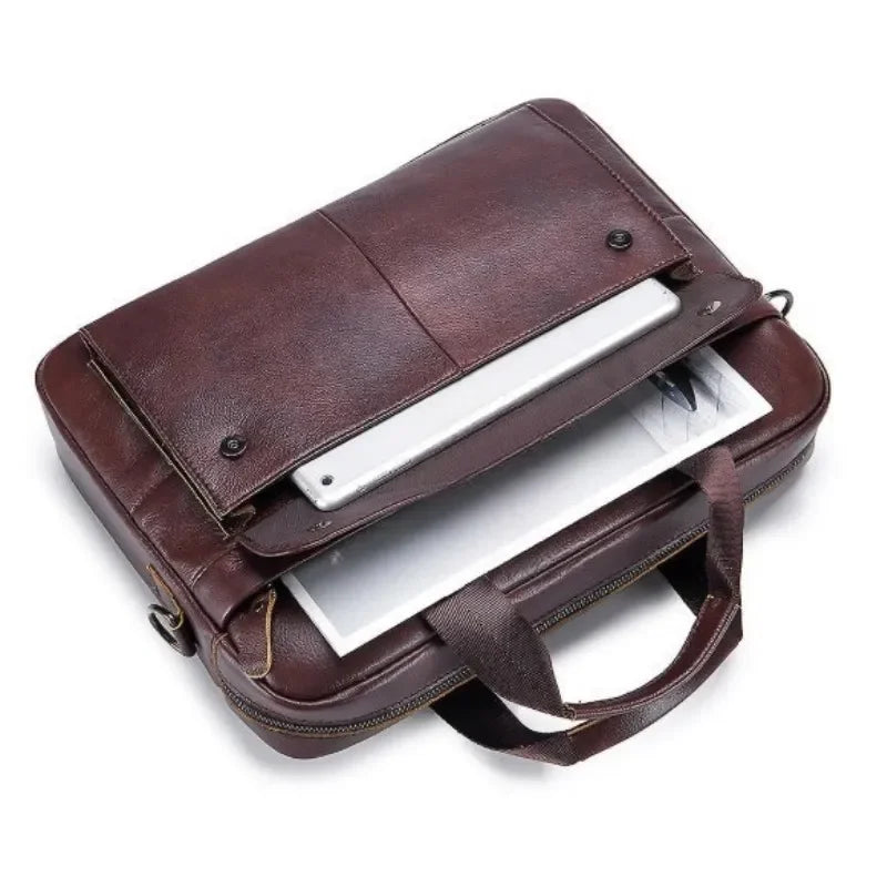 Men’s Leather Laptop Briefcase – 14 Inch Slim Business Bag with Flap Pocket