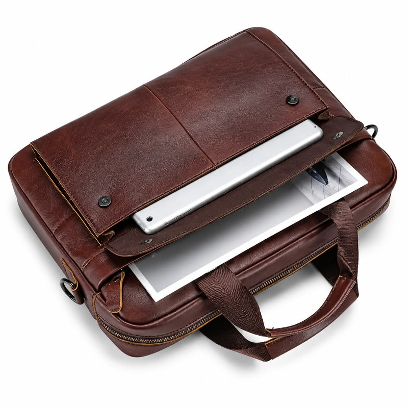 Men’s Leather Laptop Briefcase – 14 Inch Slim Business Bag with Flap Pocket