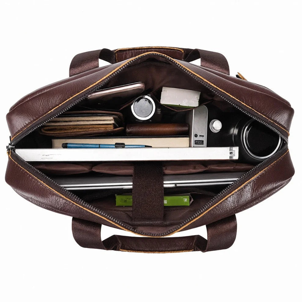Men’s Leather Laptop Briefcase – 14 Inch Slim Business Bag with Flap Pocket