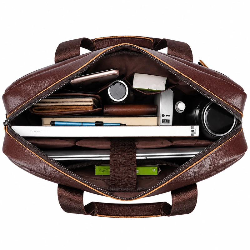Men’s Leather Laptop Briefcase – 14 Inch Slim Business Bag with Flap Pocket