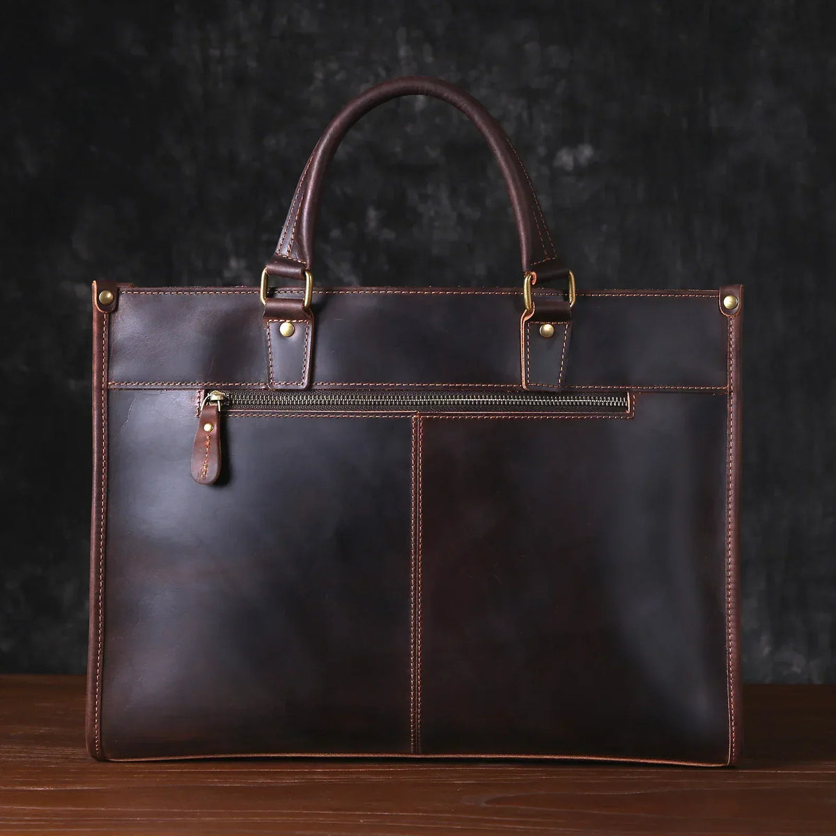 Men’s Leather Laptop Briefcase - Buckled Front Pockets Zip Top