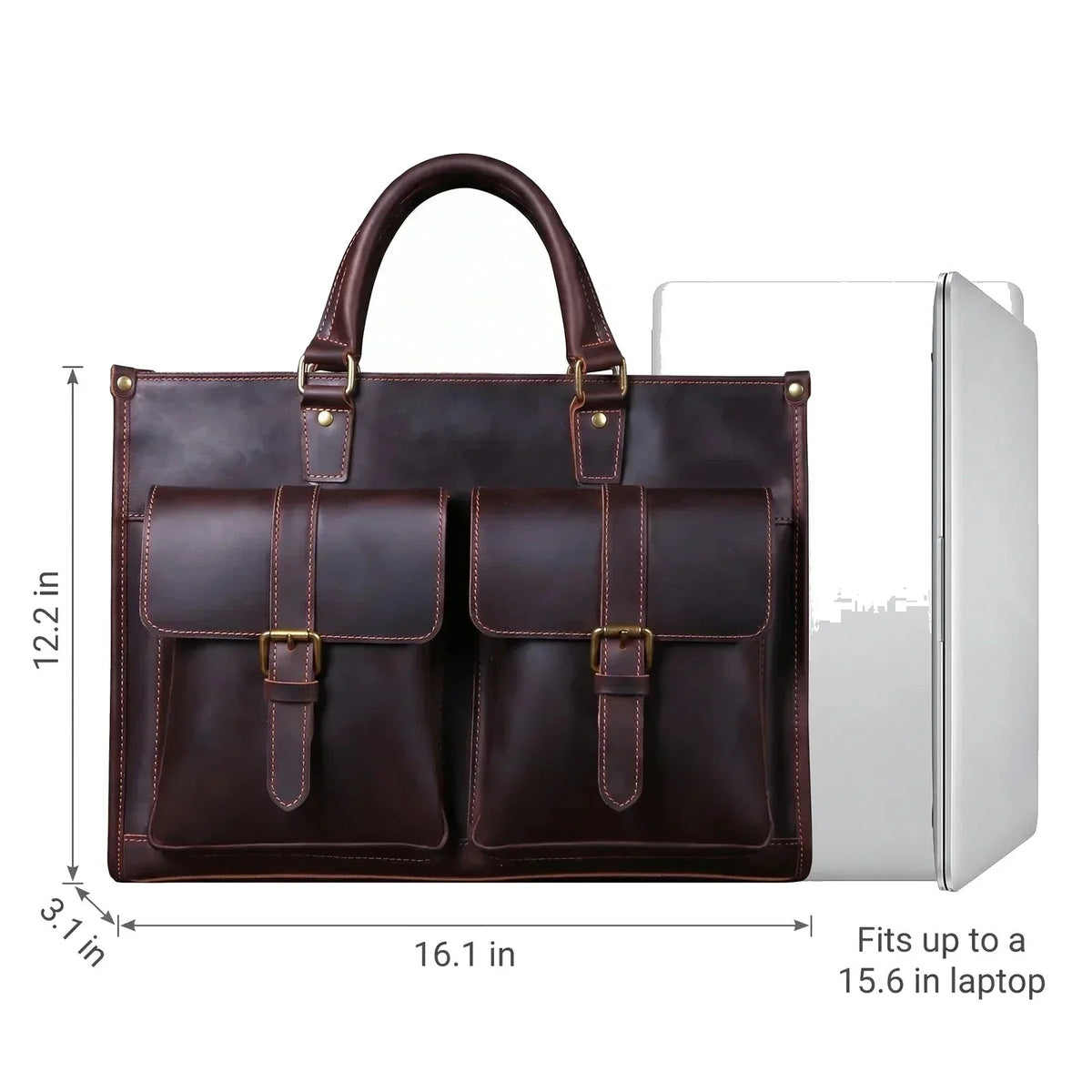 Men’s Leather Laptop Briefcase - Buckled Front Pockets Zip Top